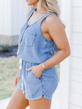 Pocketed Half Button Sleeveless Denim Romper