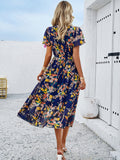 Printed V-Neck Flutter Sleeve Midi Dress