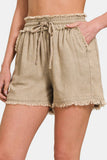 Zenana Washed Linen Frayed Hem Drawstring Shorts