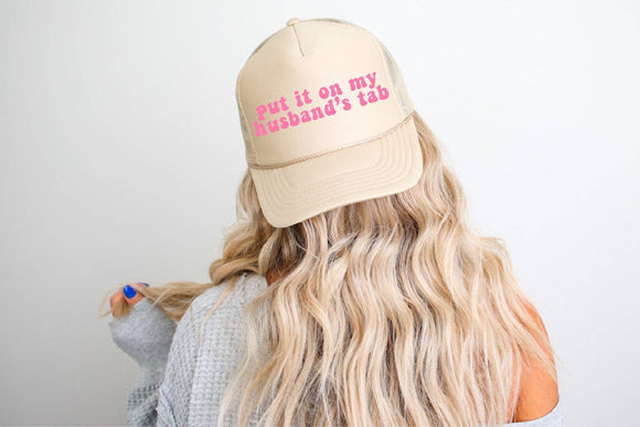 Southern Attitude Designs Inc - Husband's Tab DTF Printed Khaki Trucker Hat/Pink Ink