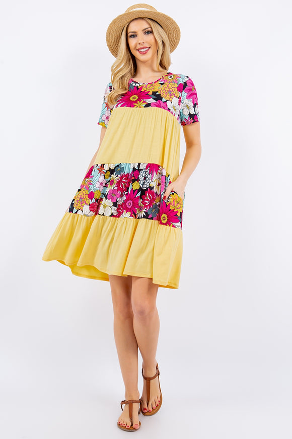 Celeste Full Size Color Block Floral Round Neck Short Sleeve Dress