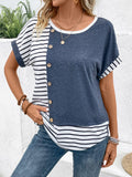 Decorative Button Striped Round Neck Short Sleeve Top