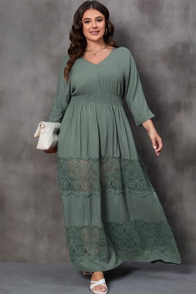 Plus Size Tied V-Neck Smocked Crochet Maxi Dress