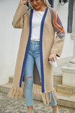 Geometric Fringe Hem Open Front Duster Cardigan