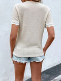 Waffle-Knit V-Neck Short Sleeve Blouse