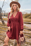 V-Neck Long Sleeve Smocked Waist Mini Dress