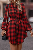 Plaid Tie Waist Balloon Sleeve Mini Dress