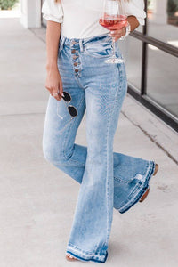 VVUE - Sky Blue High Waist Buttoned Distressed Flared Jeans