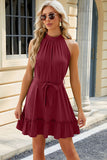 Ruched Grecian Neck Tie Waist Mini Dress