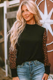 Leopard Print Long Sleeve Ribbed Knit Blouse