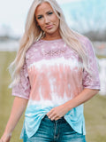 Tie-Dye Lace Trim Round Neck Top