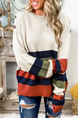 Color Block Button Shoulder Sweater